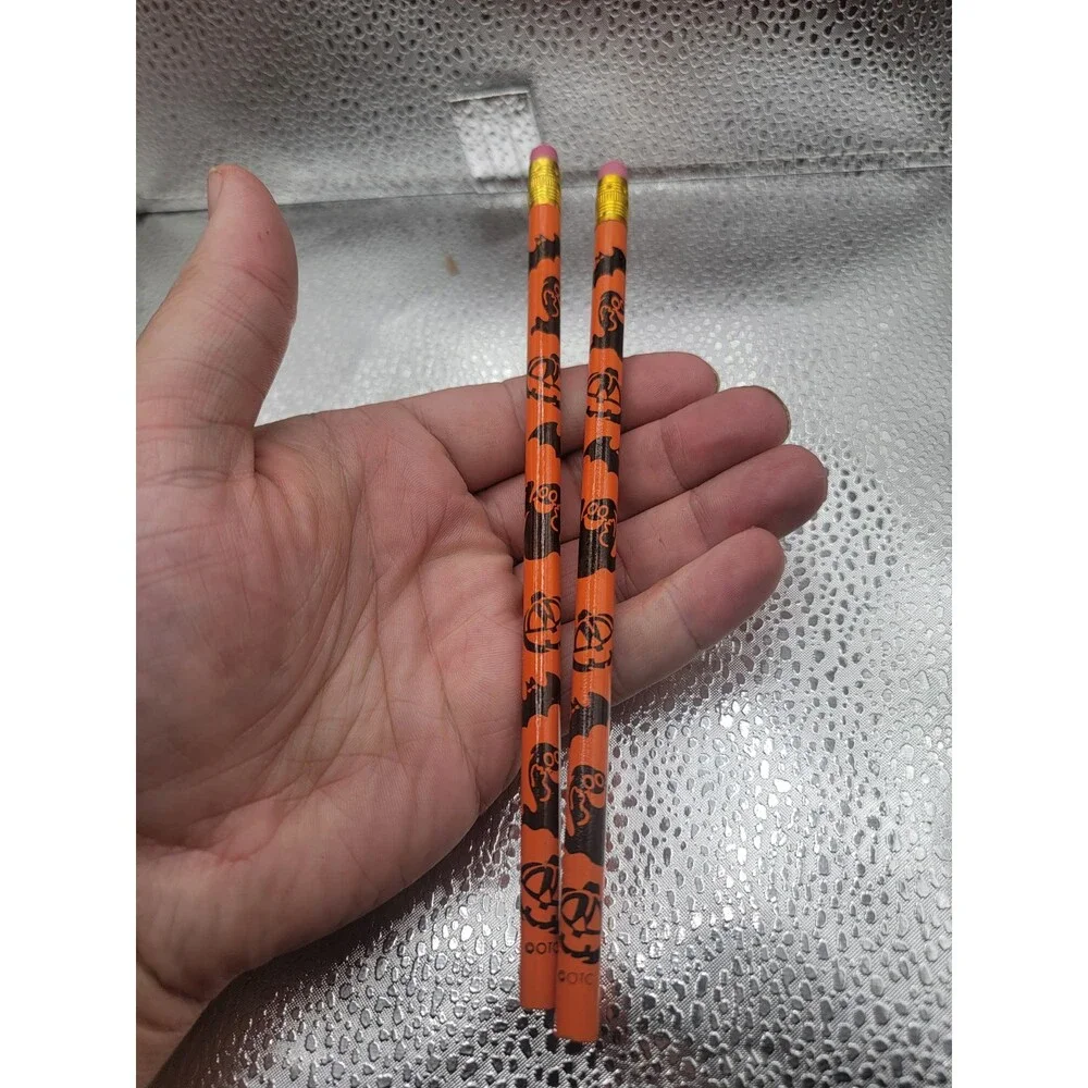 2 Vintage Halloween Pencils Unused Orange Black OTC Brand Bats Pumpkins
